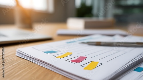 A stack of papers with colorful graphs and a pen on a wooden desk in office