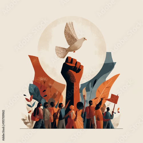 Vector illustration of diverse people protesting with raised fist and dove