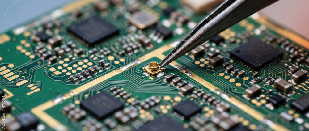Obraz premium Tweezers handling small electronic component on circuit board