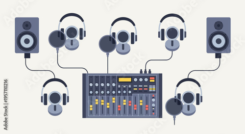 Audio mixer with headphones, microphones, and speakers for recording studio setup.