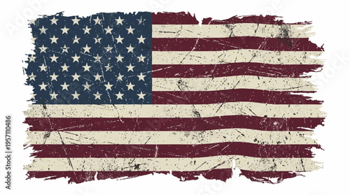 A weathered American flag hangs torn and distressed on a white background.