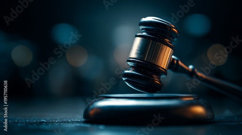 A judge's gavel rests on its block in a dimly lit courtroom environment.