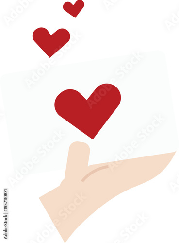 Flat vector illustration of a hand holding a love letter with red heart symbols floating above it.