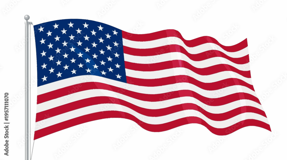 Obraz premium The American flag waves gently in the breeze on a pole.