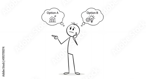 Contemplative Stickman Ponders Two Options with White Background