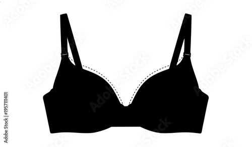 Satin silk push up bra technical flat sketch with seam details black fashion vector isolated on white background
