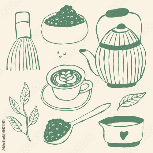 Tea-themed doodle set with teapot, cup, whisk, and leaves