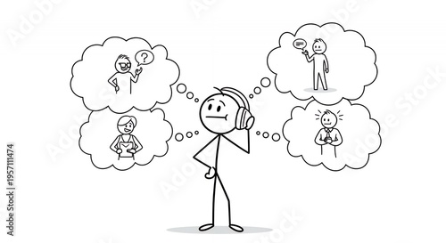 Doubtful Stick Figure With Thoughts In Speech Bubble On White Background