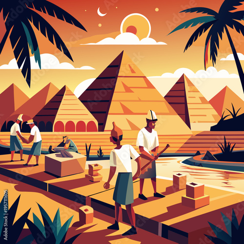 Flat Vector Illustration of Ancient Egyptian Pyramids and Workers in Desert