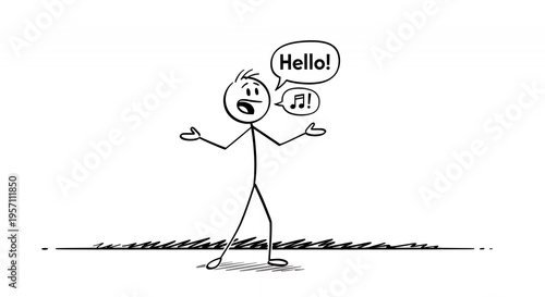 Excited Stickman Illustration Saying Hello on White Background