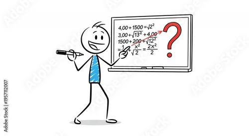 Excited Stickman Teacher Presenting Math Problem on Whiteboard Isolated
