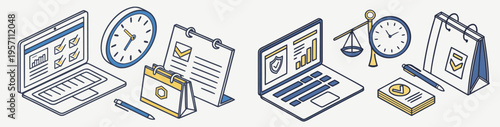 A vector graphic illustration of office and business icons including laptops, clocks, and paperwork on a clean white background.