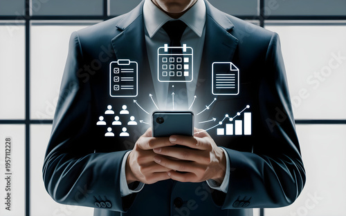 Modern professional using smartphone app to coordinate team tasks and schedule appointments through interactive white icons over business suit background
