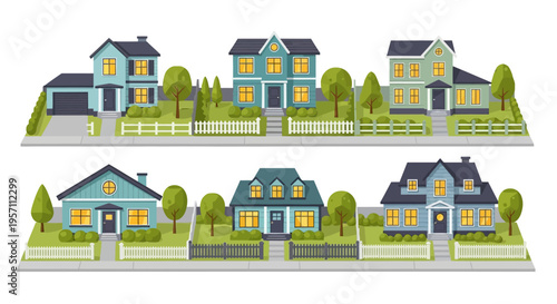 Collection of charming suburban houses with illuminated windows and green lawns.