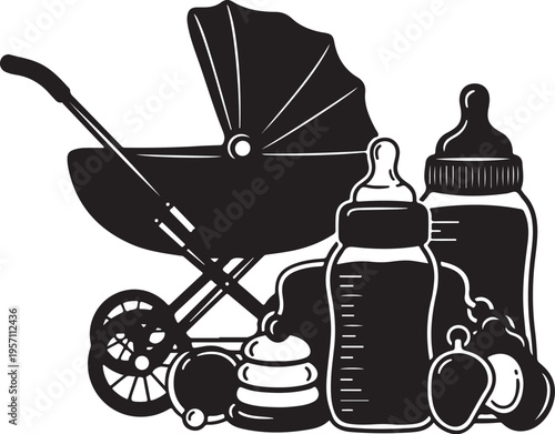 Baby Care Essentials Illustration with Stroller and Bottles