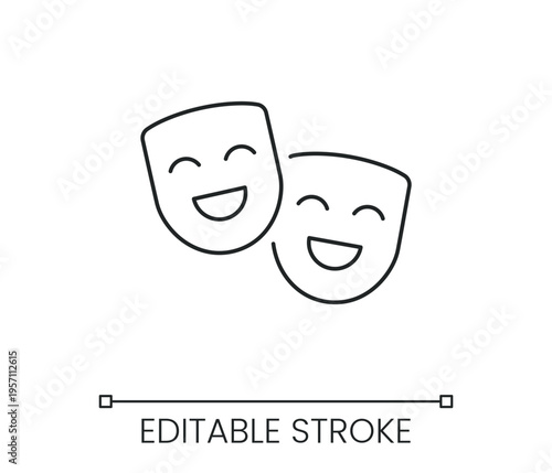Comedy theater masks line icon. Drama performance acting entertainment stage show comedy arts. Line with editable stroke single symbol. Thin linear style sign. Outline vector illustration
