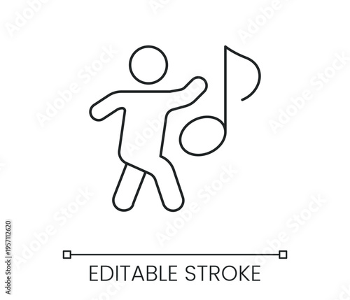Dancing person stick figure icon with musical note symbol for audio entertainment and hobby projects. Line with editable stroke single symbol. Thin linear style sign. Outline vector illustration