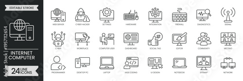 Internet computer outline icon set. Containing online, network, information, website, server, data, technology, hardware, software, programmer and more. Editable stroke icons pack. Vector illustration