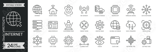 Internet outline icon set. Containing digital network, technology, connection, data, web, global, server, wireless, database, communication and more. Editable stroke icons pack. Vector illustration