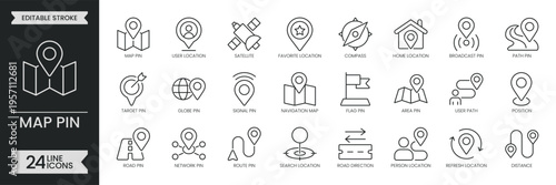 Map pin outline icon set. Containing location, gps, navigation, atlas, route, direction, path, distance, target, area, position, tracking and more. Editable stroke icons pack. Vector illustration