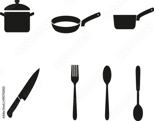 Cooking utensils and cutlery vector set including pot pan saucepan knife fork spoons