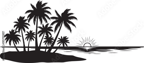 Black Silhouette of Palm Trees on a Tropical Island Sunset