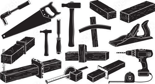 Collection of various carpentry tools and equipment for woodworking projects