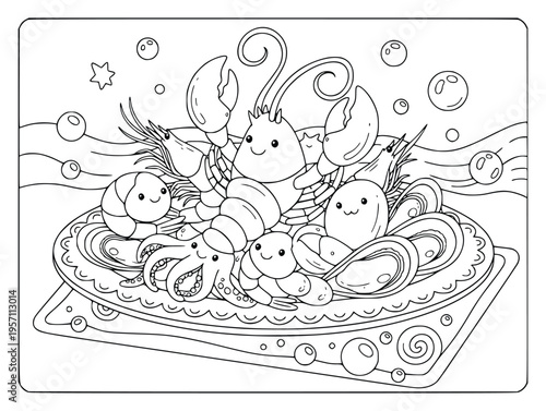 Seafood platter with cute lobster and shrimp characters for kids coloring page