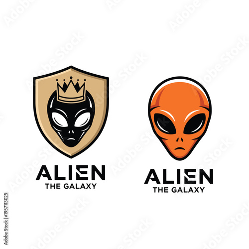 Stylized alien heads vector illustration, cosmic gaming logo design concept artwork