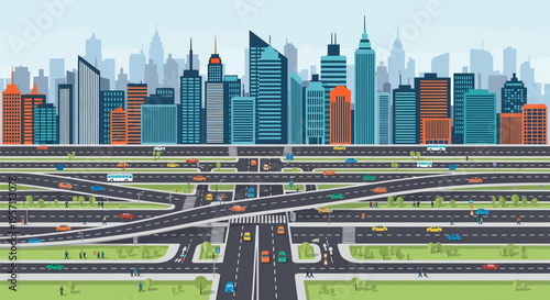 Complex multi-level highway interchange with cars and city skyline.