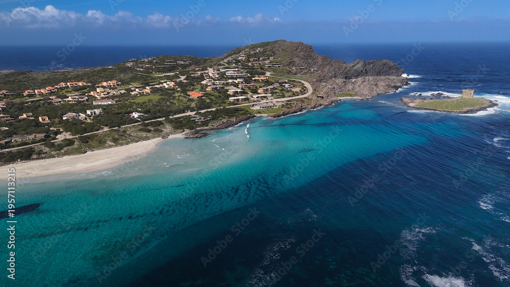 Fototapeta premium Aerial drone view of calm crystal clear water at La Pelosa beach, Stintino, Sardinia, empty seaside landscape with no people