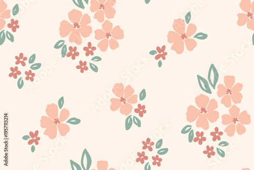 Seamless floral pattern, liberty ditsy print in artistic rustic motif. Cute botanical design of hand drawn delicate plants, small flowers, tiny leaves, white background. Vector illustration.