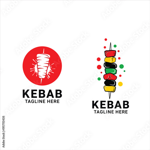Dynamic vector kebab food logos: rotating meat spit and colorful grilled skewer concepts.