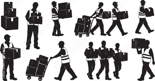 Workers in reflective vests moving boxes and cargo