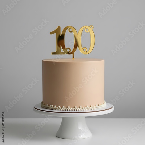 Elegant centenary celebration cake with golden '100' topper on a marble stand, illuminated by soft natural light for a sophisticated milestone birthday.  *Elegant Celebration Cake / Milestone Dessert