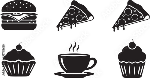 Food icons including pizza, burger, cupcake, and coffee cup