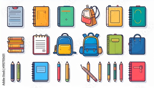 Set of school supplies vector illustration including books