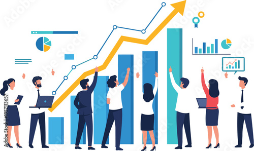 Business team celebrating success with rising chart and analytics, corporate growth and performance concept flat vector illustration