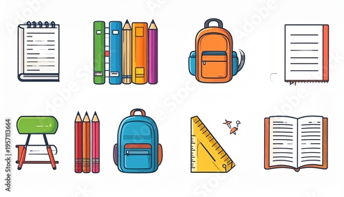 Set of school supplies vector illustration including books