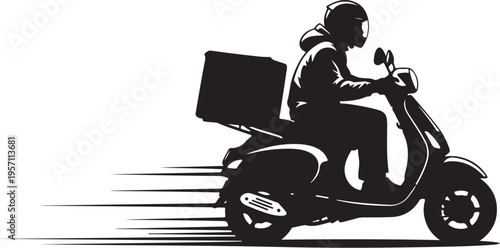 Delivery Rider on Scooter with Box Speeding Along the Road