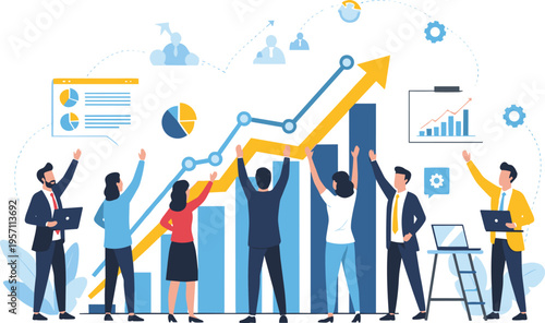 Startup growth concept with rocket launch and rising chart, business success and innovation progress flat vector illustration