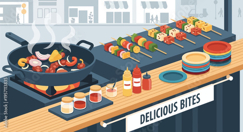 Delicious Bites - Sizzling Skewers and Wok-Fried Delights at a Vibrant Food Stall.