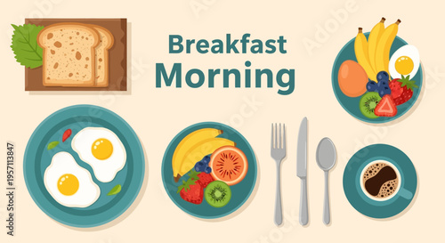 Delicious and Nutritious Breakfast Spread with Fried Eggs, Fresh Fruit, Toast, and Coffee.