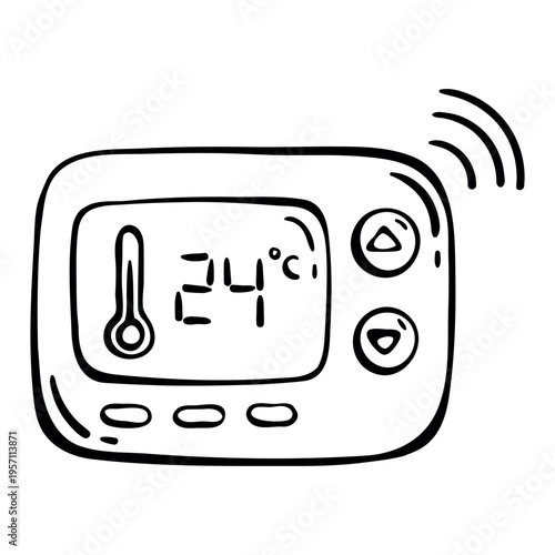 Smart Thermostat icon for green energy. Hand drawn doodle illustration of wireless temperature control device showing 24 degrees celsius for sustainable household.