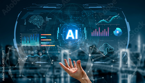 Quadro em tela Futuristic AI analytics display realtime dashboards, forecasting and cloud monitoring, helping enterprises optimize performance, security risk and operational decisions with data insights