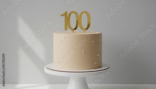 Elegant centenary celebration cake with golden '100' topper on a marble stand, illuminated by soft natural light for a sophisticated milestone birthday.  *Elegant Celebration Cake / Milestone Dessert
