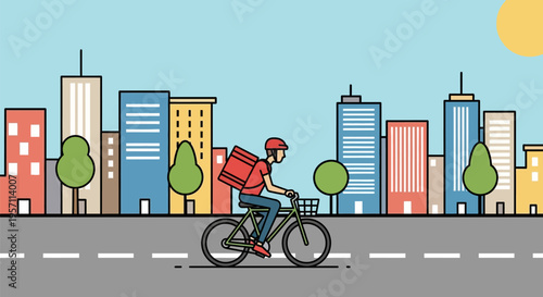 Delivery cyclist riding bicycle with red insulated bag.