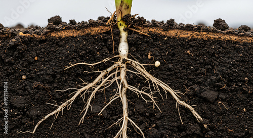 Root system of plant emerging from dark soil surface  