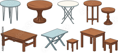 Collection of Different Table Designs Including Round, Square, and Rectangular Styles, in Various Sizes and Wooden Finishes for Furniture and Interior Design Themes