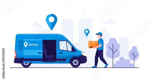 Delivery van and courier delivering a package.